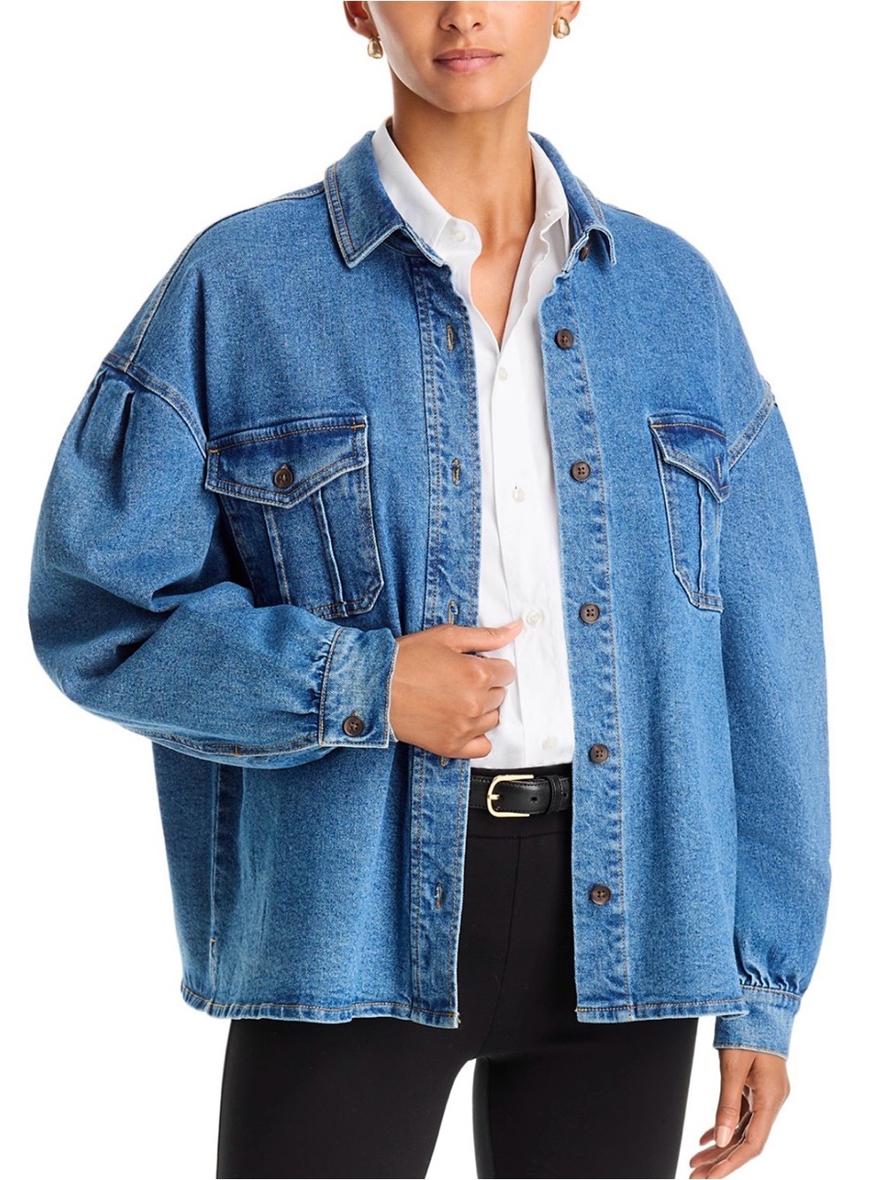 French Connection L Penelope Cotton Denim Shirt Jacket Blue Puff Sleeve NWT $128